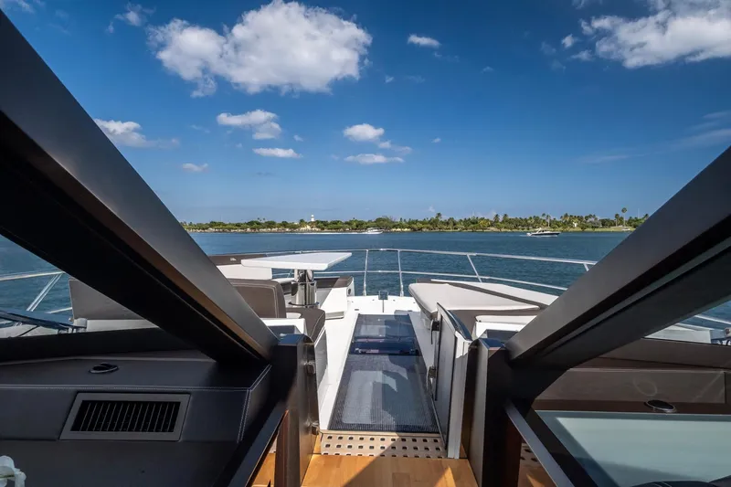 Slide: The Image of 2020 Galeon 640 Fly yacht deck with ocean view under clear blue sky. - 28