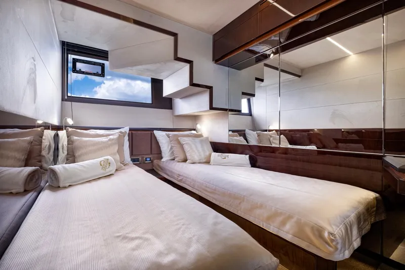 Slide: The Image of Luxurious twin cabin interior of 2020 Galeon 640 Fly yacht with modern design. - 37