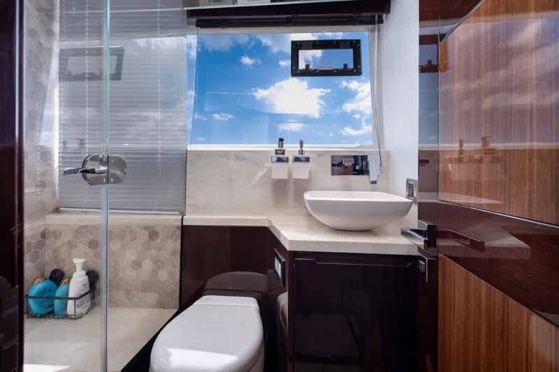Slide: The Image of Luxurious bathroom in 2020 Galeon 640 Fly yacht with modern fixtures and sky view. - 39