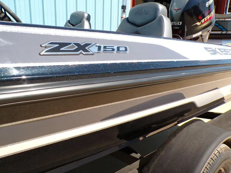 Slide: The Image of 2024 Skeeter ZX150 boat side view with logo and seating. - 10