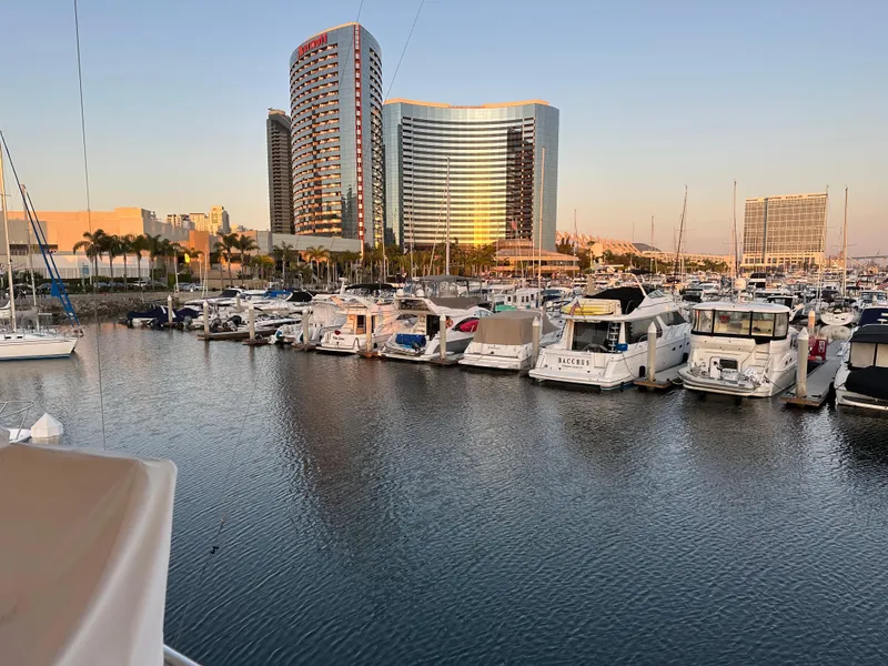 Slide: The Image of Marina with luxury yachts, including a 1999 Mikelson Long-Range Luxury Sportfish, against city skyline. - 47