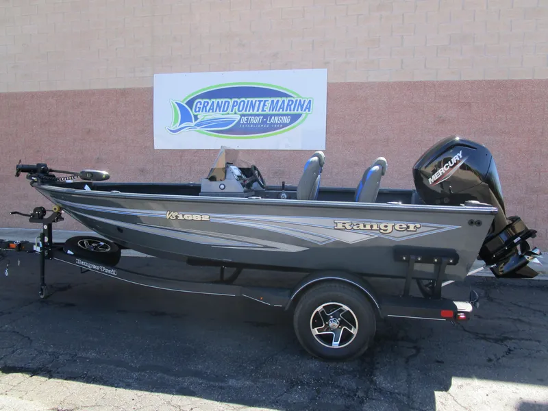 Slide: The Image of 2024 Ranger VS 1682 Angler SC boat at Grand Pointe Marina, side view. - 0