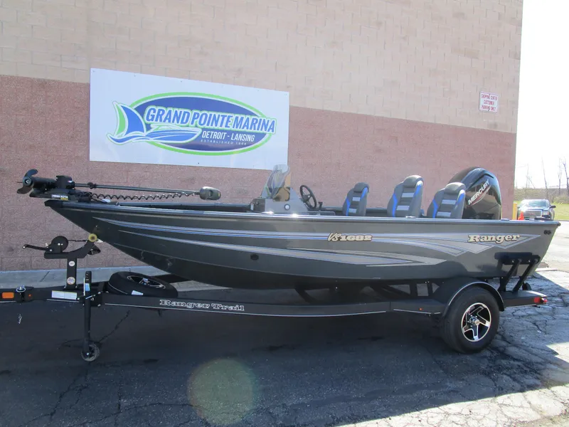 Slide: The Image of 2024 Ranger VS 1682 ANGLER SC boat at Grand Pointe Marina, side view. - 1