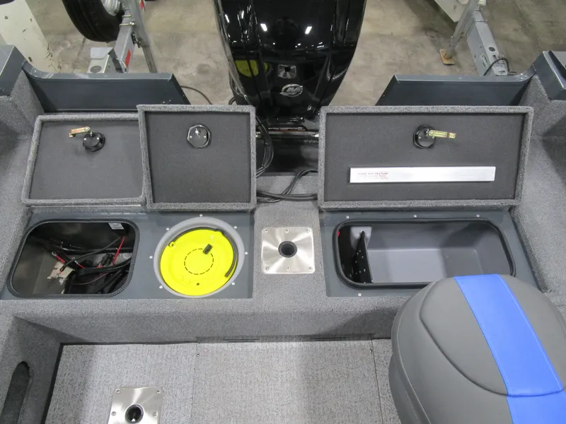 Slide: The Image of 2024 Ranger VS 1682 ANGLER SC boat interior with storage compartments and seating. - 13