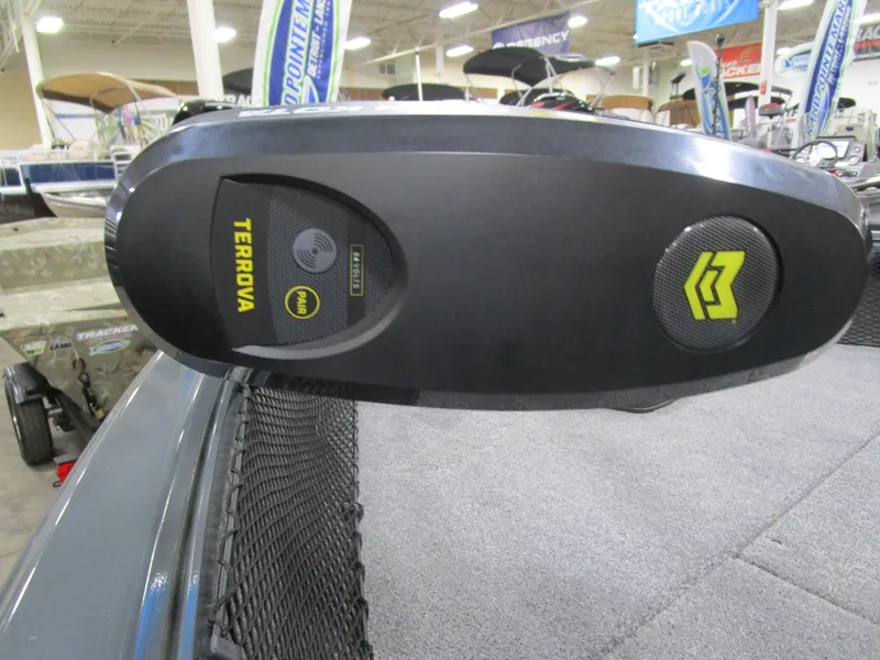 Slide: The Image of 2024 Ranger VS 1682 ANGLER SC boat with Terrova trolling motor, displayed indoors. - 15