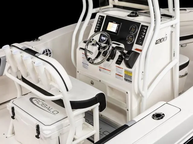 Slide: The Image of 2024 Robalo R200 boat interior with steering console, seating, and storage compartments. - 26