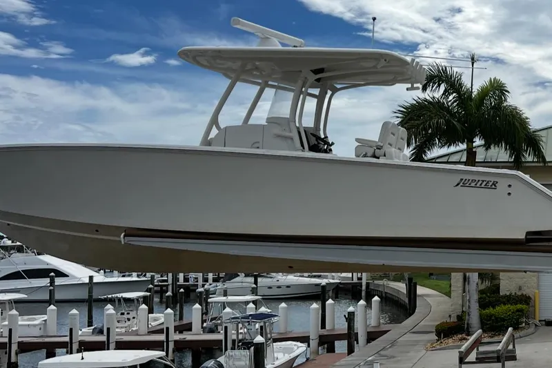 The Image of 2019 Jupiter 30 HFS boat docked at marina with palm tree and cloudy sky. - 0