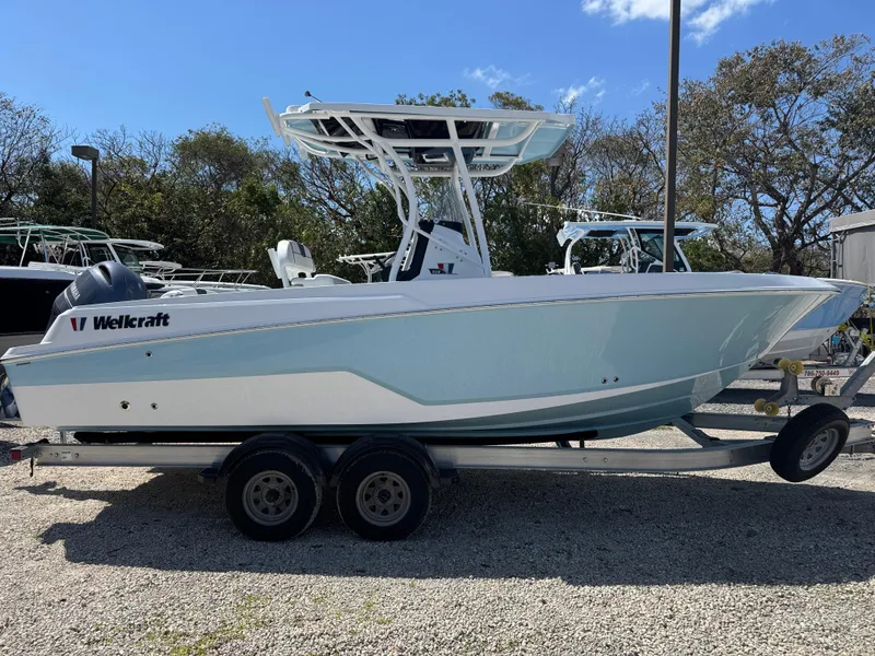 The Image of 2025 Wellcraft 222 Fisherman boat on trailer, light blue hull, parked outdoors. - 1