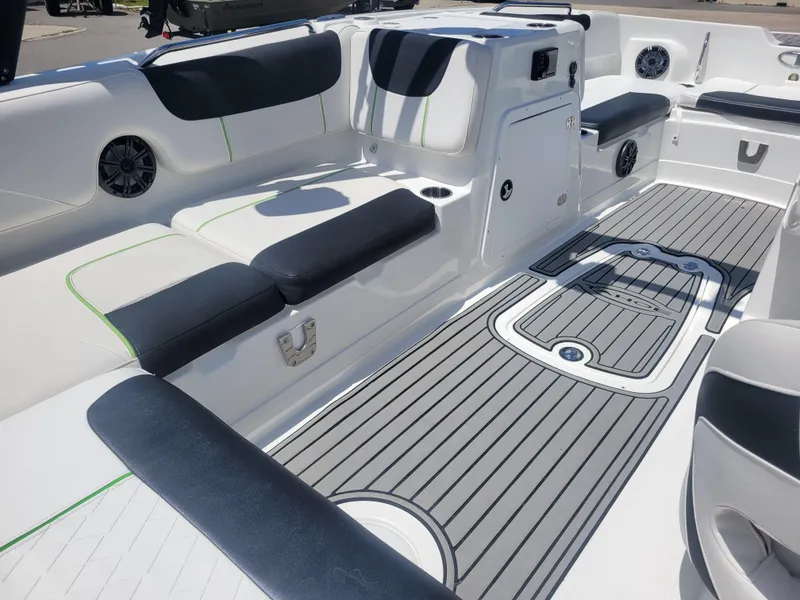 Slide: The Image of 2021 Tahoe 2150 boat interior with sleek seating and modern design. - 17