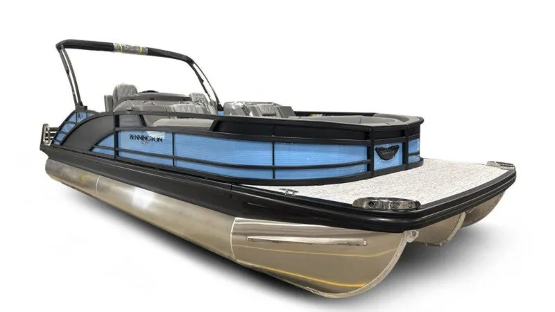 Slide: The Image of 2025 Bennington R Bowrider Swingback 24 RTSB pontoon boat, sleek design, blue accents. - 1