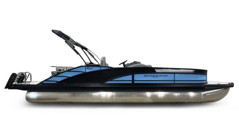 Slide: The Image of 2025 Bennington R Bowrider Swingback 24 RTSB pontoon boat, sleek design, side view. - 13