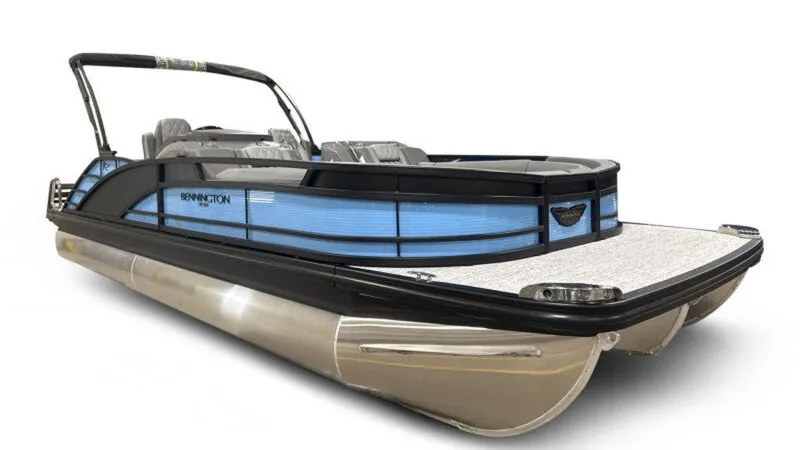 Slide: The Image of 2025 Bennington R Bowrider Swingback 24 RTSB pontoon boat with sleek design and modern features. - 17