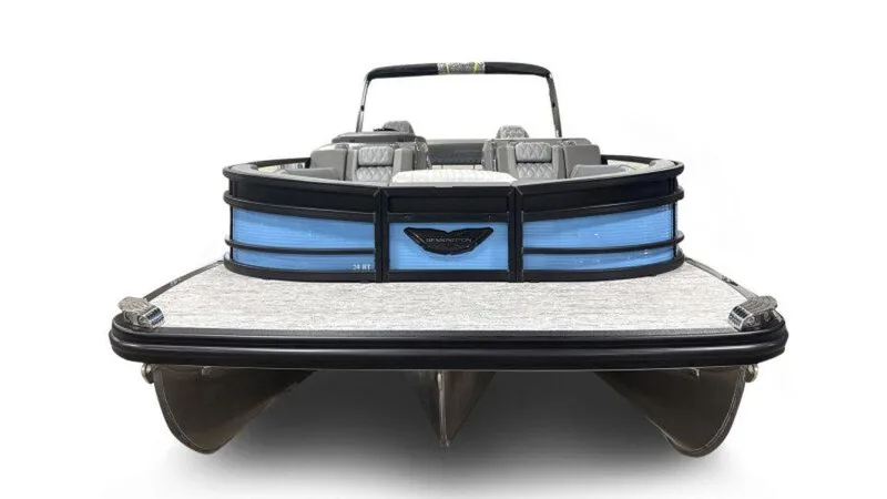 Slide: The Image of 2025 Bennington R Bowrider Swingback 24 RTSB pontoon boat, front view, sleek design. - 2