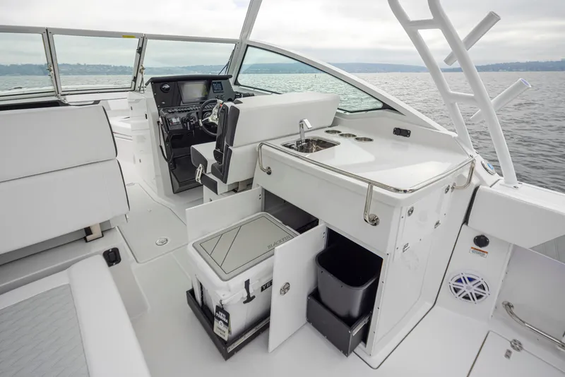 Slide: The Image of 2024 Blackfin 272 DC boat interior with helm, seating, and storage on open water. - 18