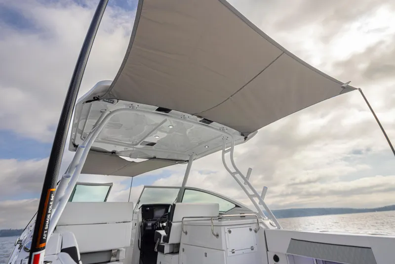 Slide: The Image of 2024 Blackfin 272 DC boat with canopy, interior view, under cloudy sky. - 40