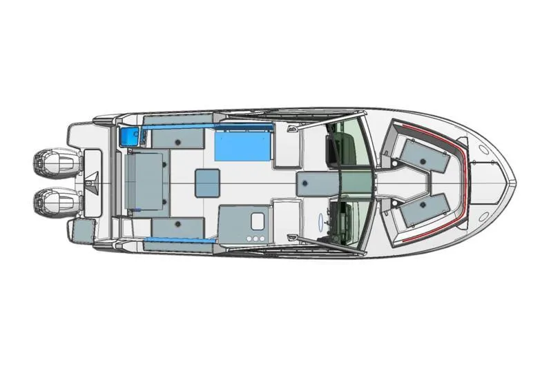 Slide: The Image of Top view layout of 2024 Blackfin 272 DC boat with dual engines. - 42