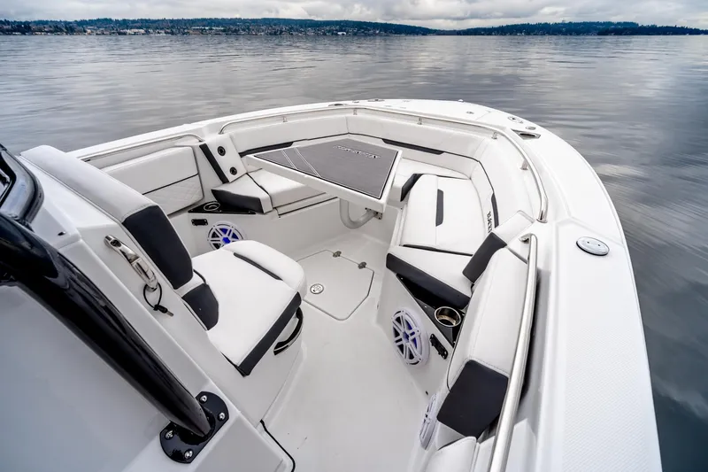 Slide: The Image of 2023 Blackfin 252 CC boat interior with seating and speakers on calm water. - 12