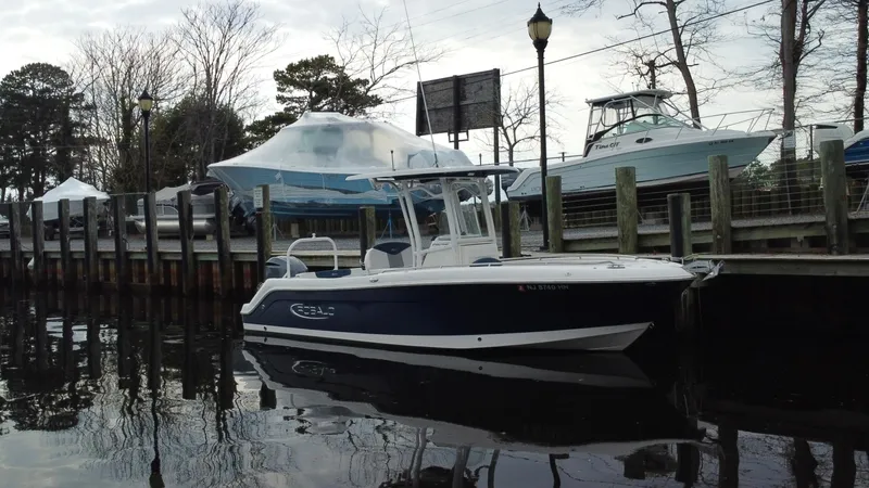 Slide: The Image of 2020 Robalo R242 Explorer boat docked by a wooden pier, surrounded by trees. - 13