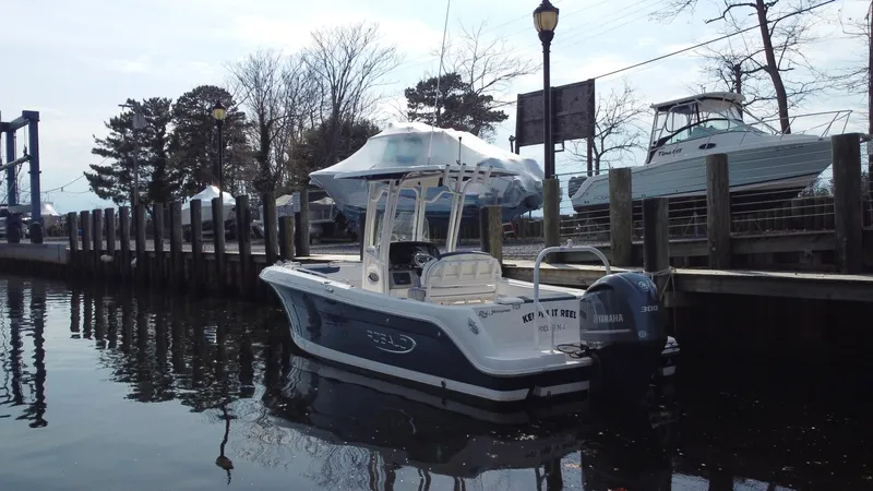 Slide: The Image of 2020 Robalo R242 Explorer boat docked by a wooden pier, calm water reflection. - 3