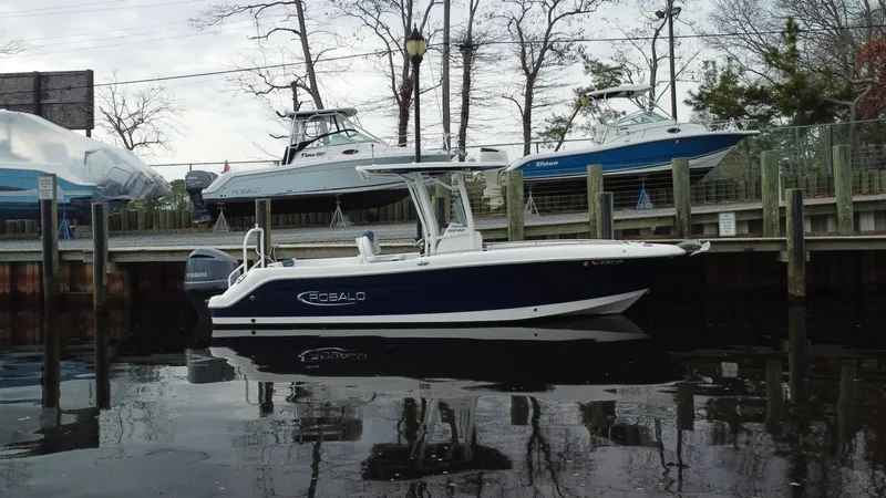 Slide: The Image of 2020 Robalo R242 Explorer boat docked on calm water, surrounded by trees and other boats. - 9