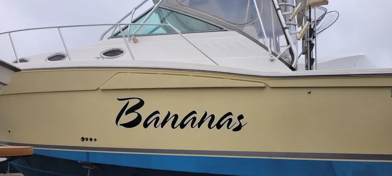 Slide: The Image of 2006 Wellcraft 330 Coastal boat named "Bananas" with beige and blue hull. - 10