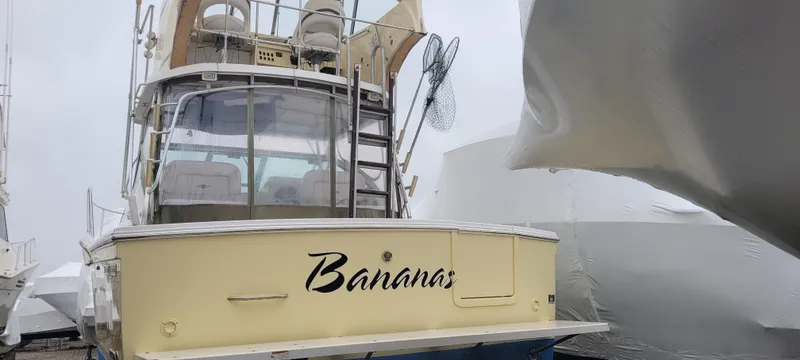 Slide: The Image of 2006 Wellcraft 330 Coastal boat named "Banana" docked, rear view. - 6