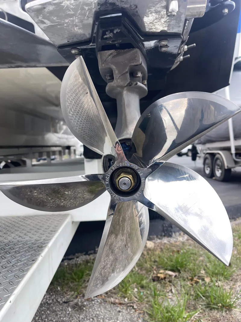 Slide: The Image of Close-up of a Skater 32B boat propeller, 2001 model, with shiny metal blades. - 40