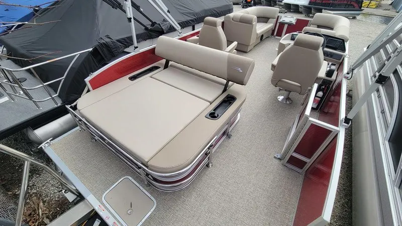 Slide: The Image of 2025 Bennington S Swingback 22 SSB pontoon boat with spacious seating and modern design. - 3