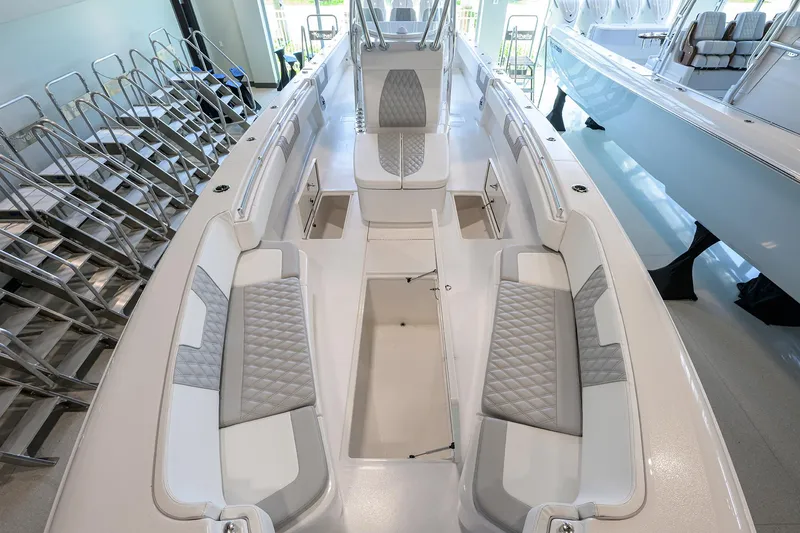Slide: The Image of 2025 Contender 39 ST boat interior with sleek seating and modern design. - 12