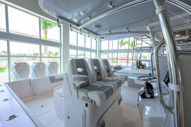 Slide: The Image of 2025 Contender 39 ST boat interior with modern seating and sleek design. - 29
