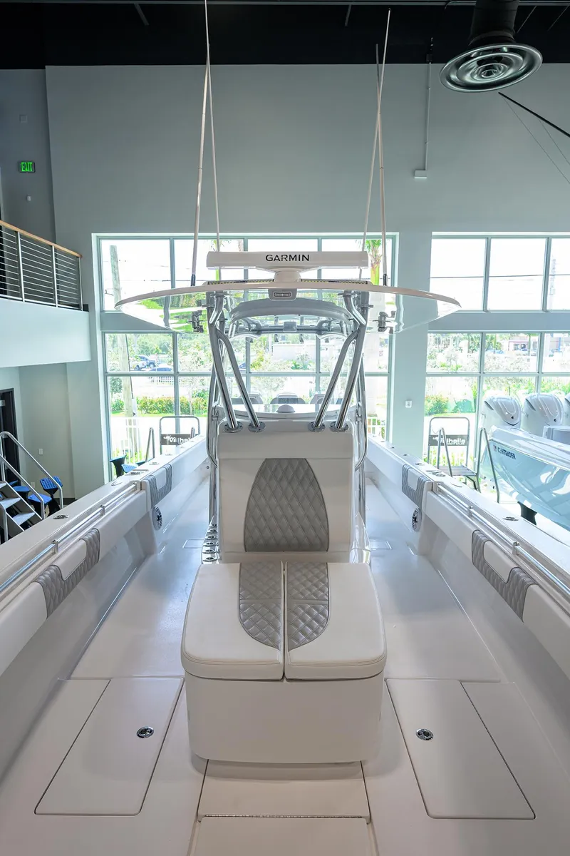 Slide: The Image of 2025 Contender 39 ST boat interior with modern seating and sleek design. - 8