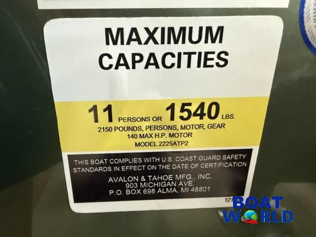 Slide: The Image of Maximum capacity label for 2025 Tahoe Geofish 2385, 11 persons or 1540 lbs. - 17