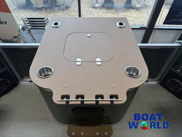 Slide: The Image of 2025 Tahoe Geofish 2385 Rear Fish boat deck with cup holders at Boat World showroom. - 26