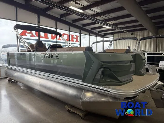 Slide: The Image of 2025 Tahoe Geofish 2385 pontoon boat with Honda 4-Stroke EFI engine in showroom. - 46