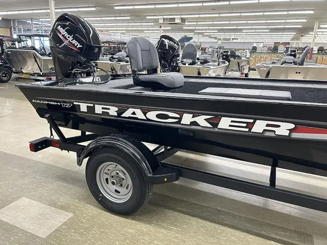 Slide: The Image of 2025 Tracker Panfish™ 17 boat with Mercury engine displayed indoors. - 4