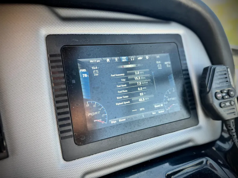 Slide: The Image of Dashboard display of a 2020 Yamaha Boats AR240, showing fuel and speed metrics. - 37