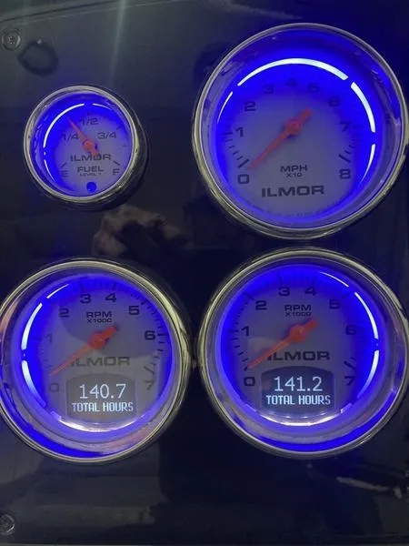 Slide: The Image of Dashboard gauges of a 2019 Formula 350 Crossover Bowrider, displaying engine hours and fuel levels. - 3