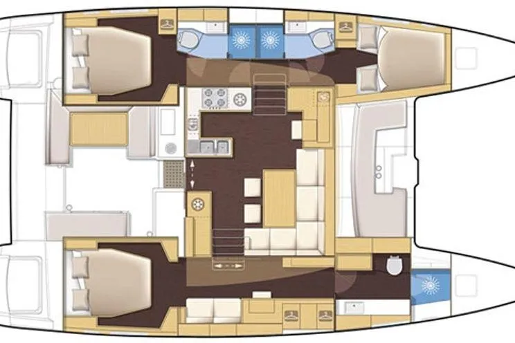 Slide: The Image of Floor plan of a 2011 Lagoon 450 catamaran, featuring cabins, bathrooms, and a central living area. - 49