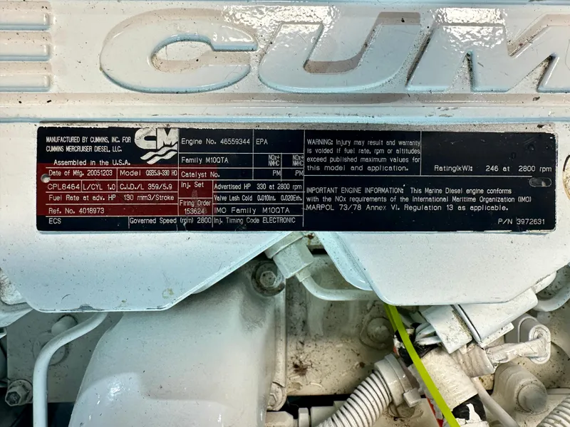 Slide: The Image of Engine label on a 2006 Selene Archer 36, displaying technical specifications and manufacturer details. - 58