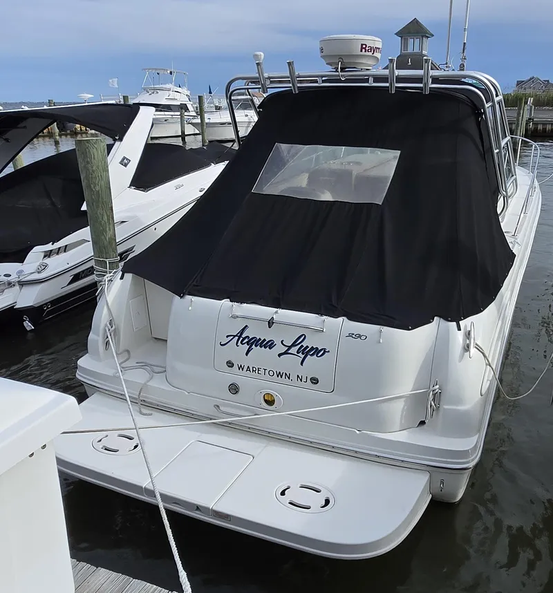 Slide: The Image of 2005 Sea Ray 290 Amberjack docked, featuring black canvas cover and visible rear deck. - 9