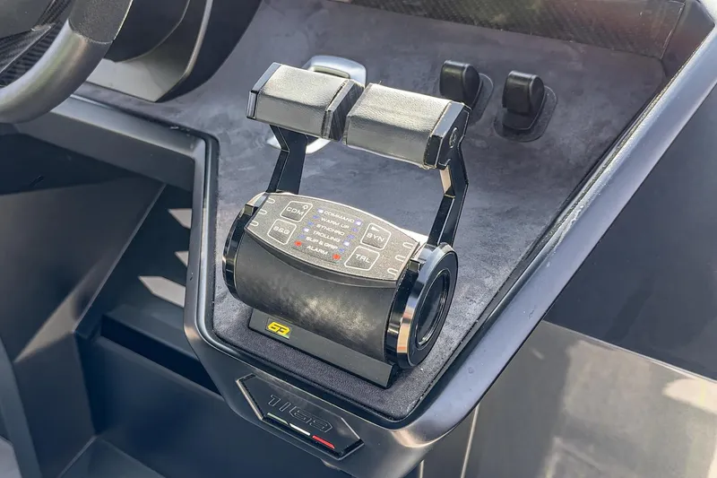 Slide: The Image of Throttle controls of 2023 Tecnomar Lamborghini 63 yacht, featuring sleek design and advanced technology. - 48