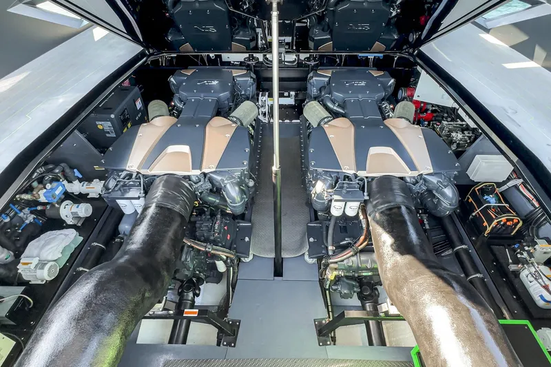 Slide: The Image of Engine room of 2023 Tecnomar Lamborghini 63 yacht, showcasing dual powerful engines. - 49