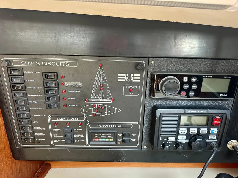 Slide: The Image of Control panel of a 1988 C&C MKII boat, featuring ship's circuits and communication devices. - 16