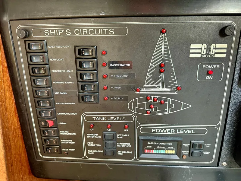 Slide: The Image of Control panel of a 1988 C&C MKII yacht, displaying ship's circuits and tank levels. - 17