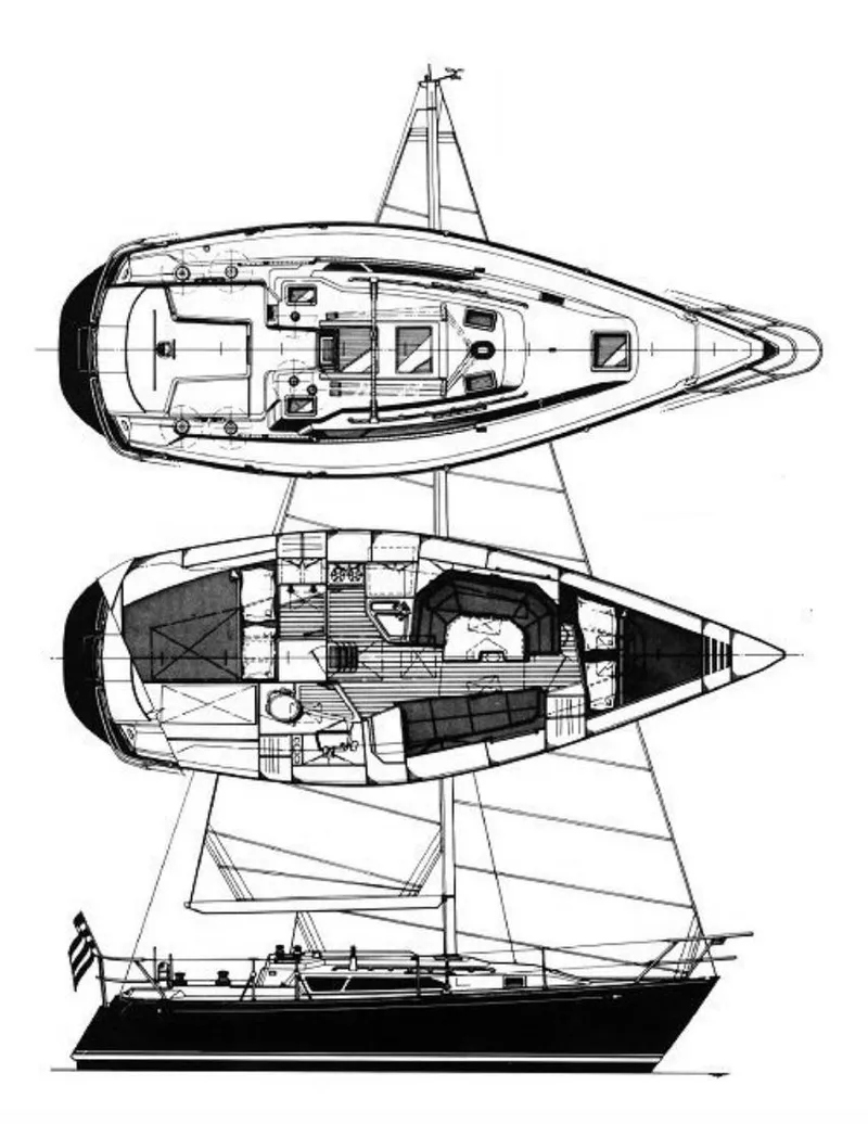 Slide: The Image of Blueprint of 1988 C&C MKII sailboat, showcasing deck and interior layout. - 5