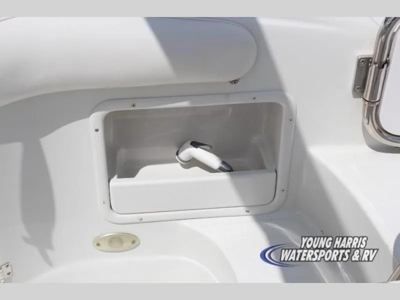 Slide: The Image of 2005 Crownline 240EX boat interior with built-in storage compartment and handle. - 15