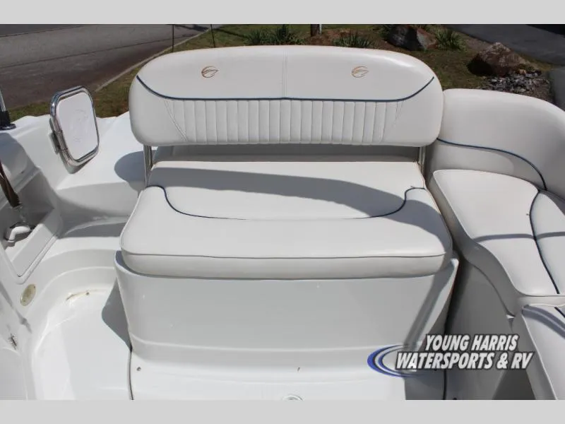 Slide: The Image of 2005 Crownline 240EX boat interior seating, white upholstery, Young Harris Watersports & RV. - 7