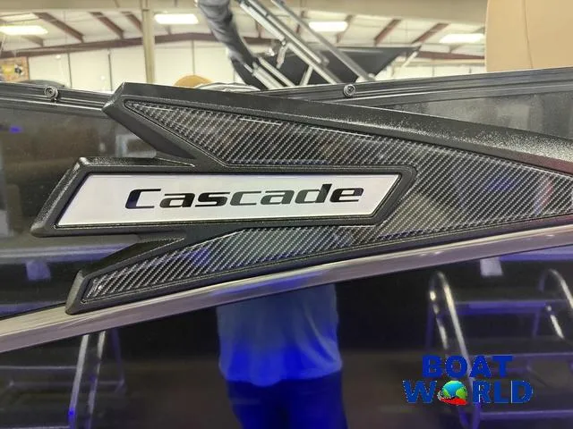 Slide: The Image of 2025 Tahoe Cascade 2385 Swingback Tritoon logo at Boat World showroom. - 41