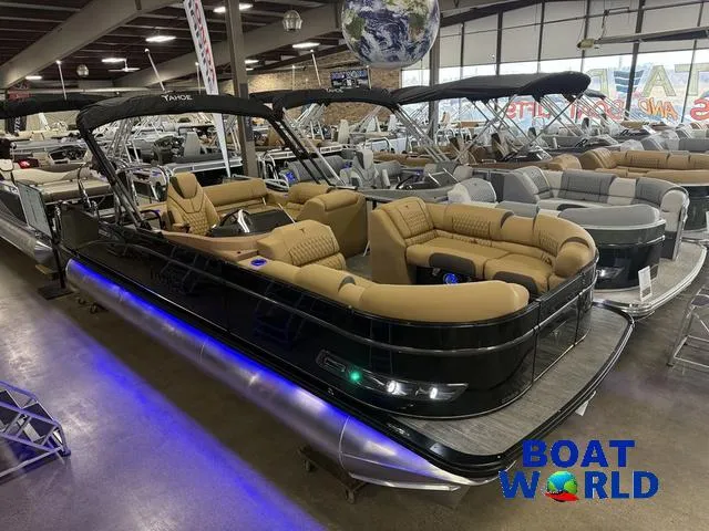 Slide: The Image of 2025 Tahoe Cascade 2385 Swingback Tritoon with Honda engine, showcased at Boat World. - 48