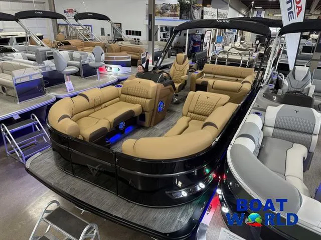 Slide: The Image of 2025 Tahoe Cascade 2385 Swingback Tritoon displayed at Boat World showroom. - 49